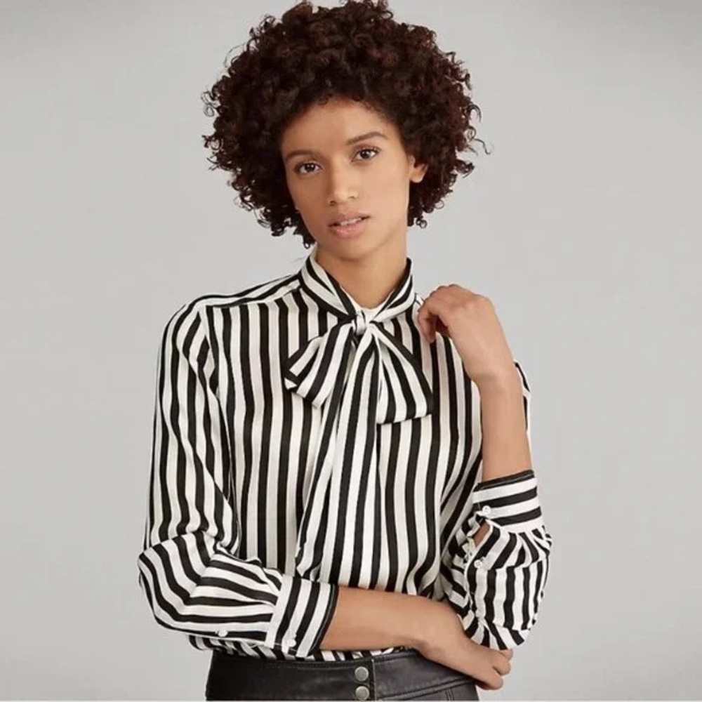 Polo Ralph Lauren Tie-Neck Striped Silk Blouse Black / Cream Size SP